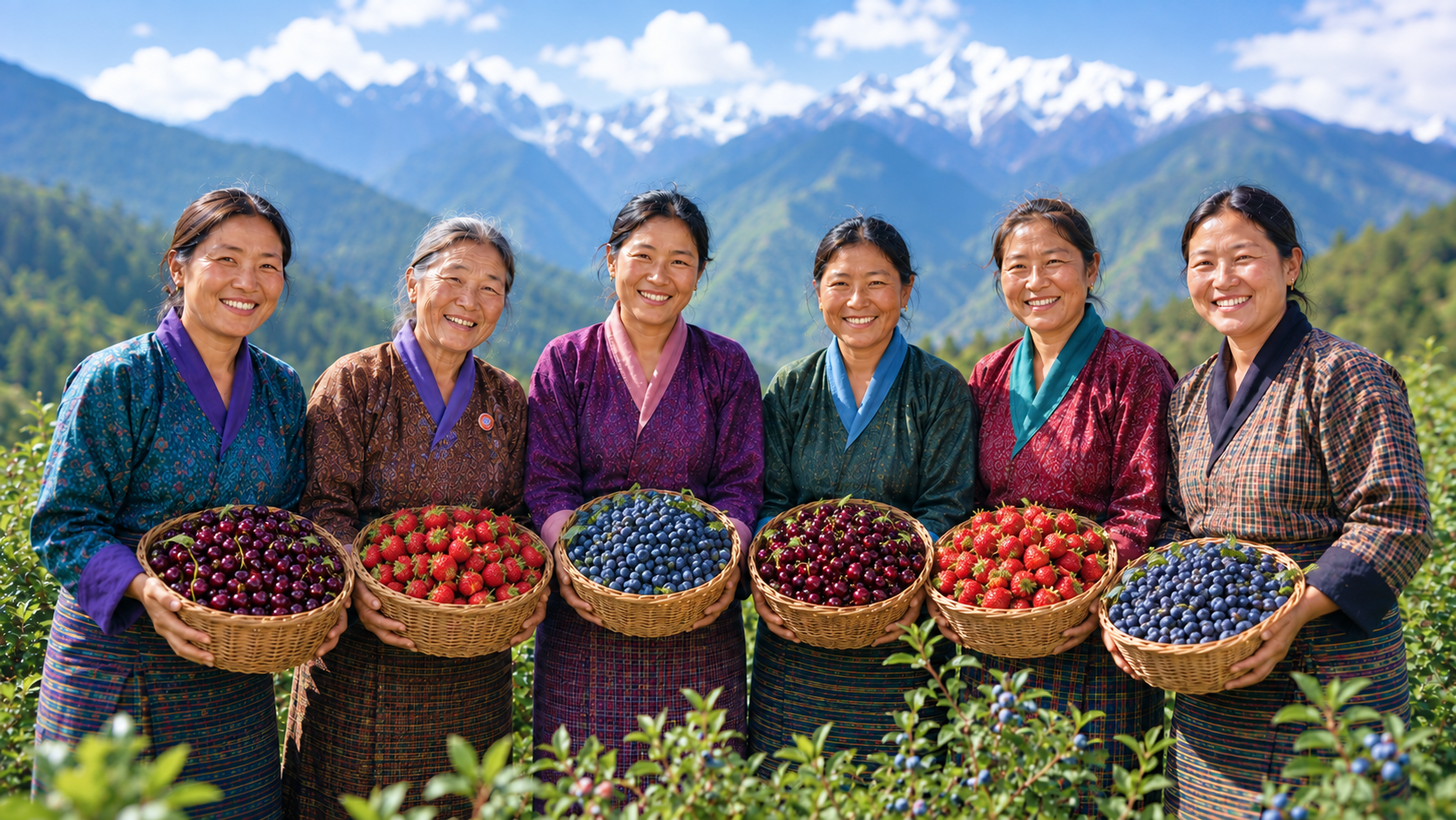 Women growers of the Bhutan Berry Cooperative holding harvest baskets