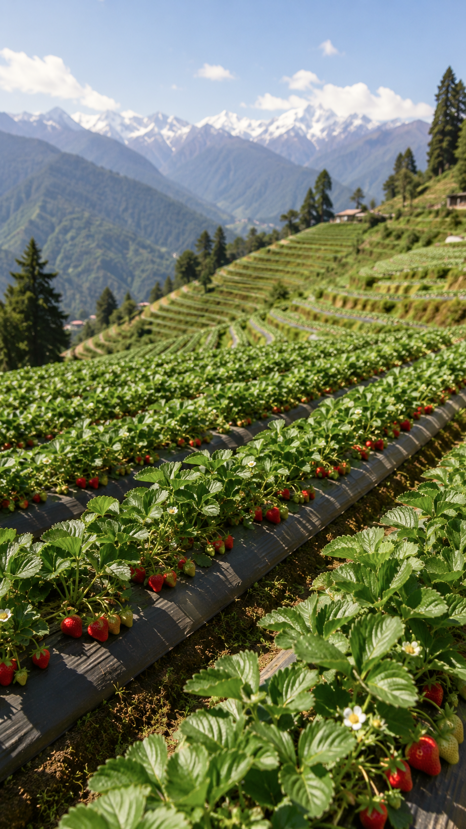 Aerial view of the nucleus farm in the Bhutanese valley