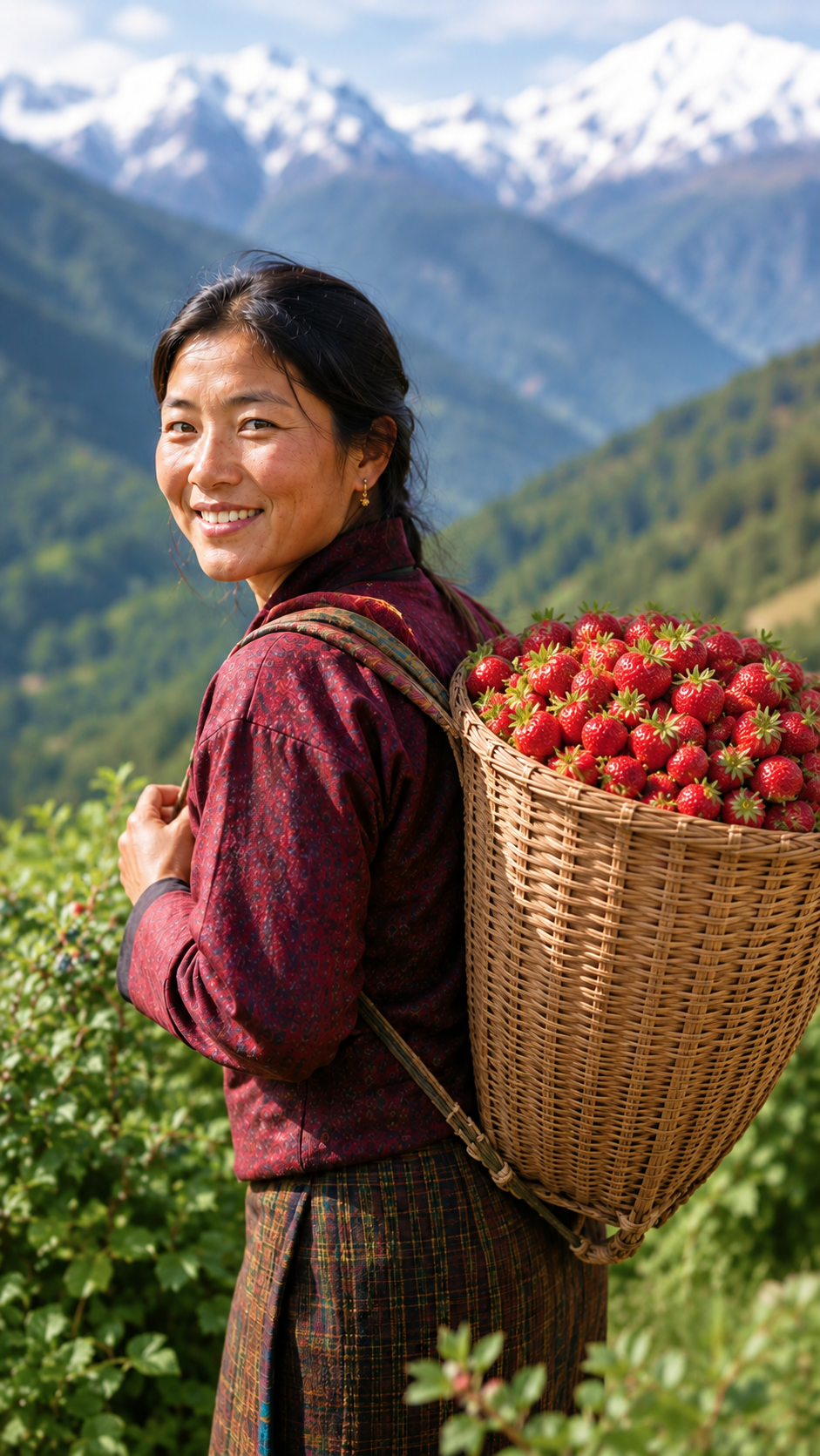 A grower holding a basket of freshly picked strawberries